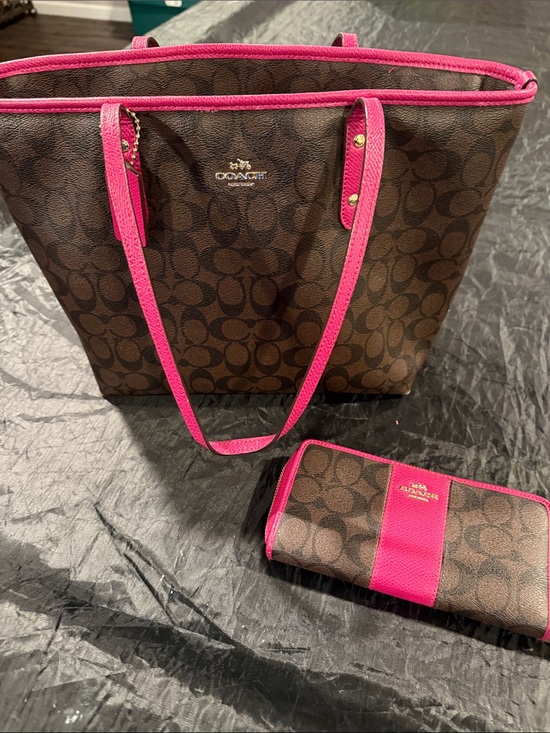 Coach Handbags - Coach Brown Signature Tote with Hot Pink Trim and Wallet